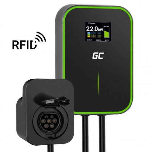 EM SET Green Cell Wallbox EV Powerbox RFID 2x Ladebuchse Typ2 22KW 32A + Ladekabel Typ 2 3,6KW 16A 5m Black