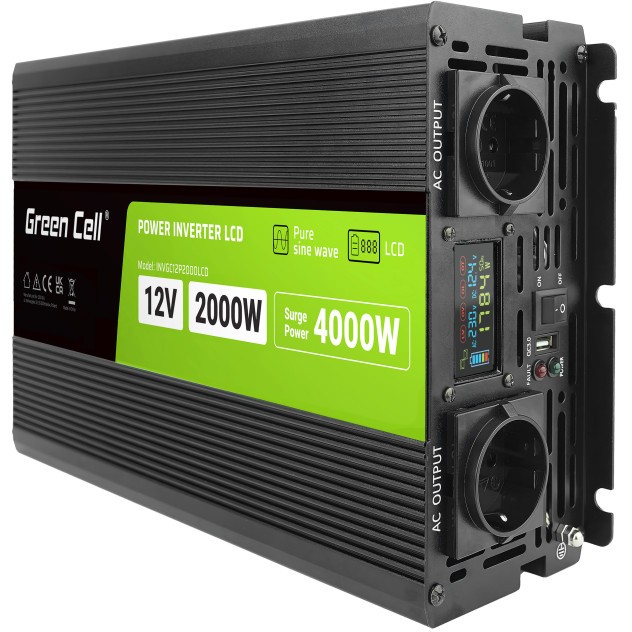 Green Cell Przetwornica napicia PowerInverter LCD 12 V 2000W/40000W Przetwornica samochodowa z wywietlaczem - czysty sinus power adapter/inverter